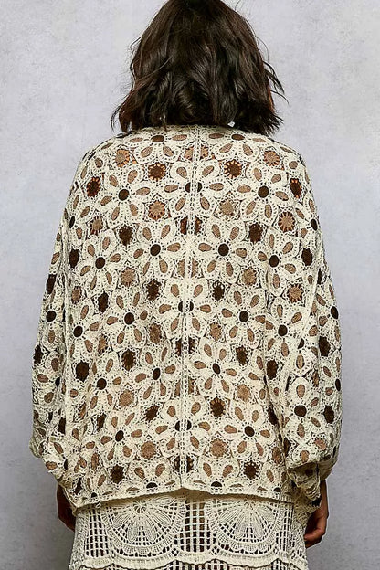 POL Open Front Floral Pattern Crochet Cardigan