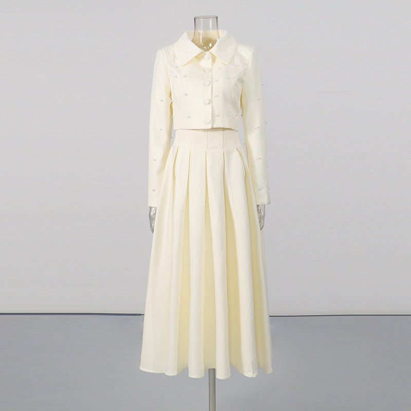 Pearl Embellished Cropped Jacket & Pleated Midi Skirt Two-Piece Set