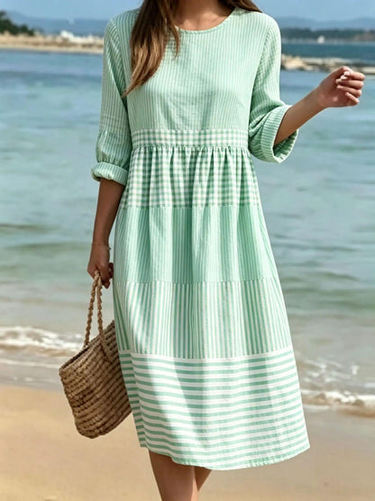Womens Casual Patchwork Cotton-Linen Dress