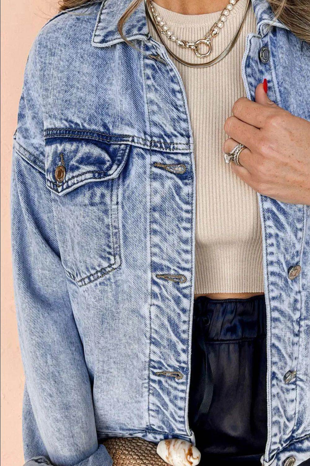 Pocketed Button Up Dropped Shoulder Denim Jacket for Women