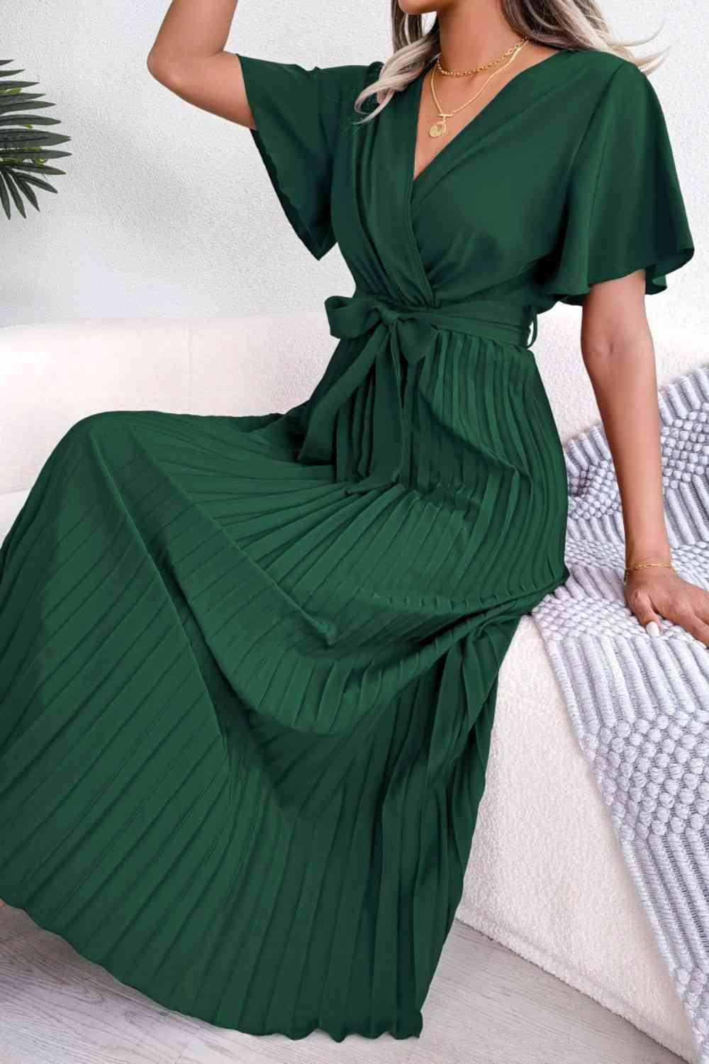 Pleated Flutter Sleeve Belted Dress for Casual Wear