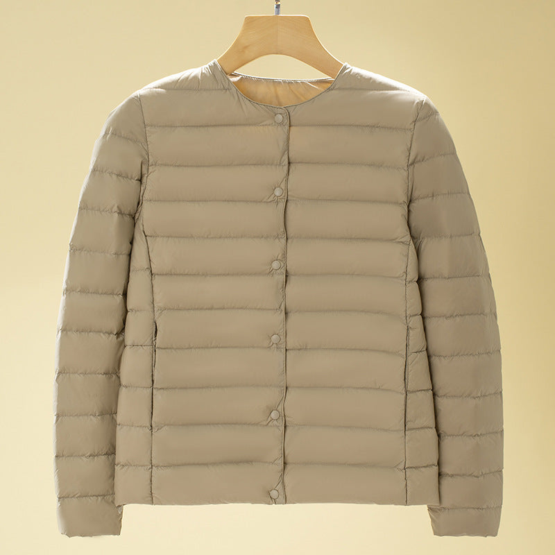 Round-neck Long-sleeved White Down Jacket In Large Size
