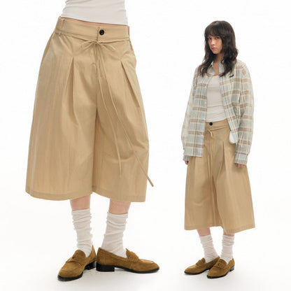 Pleated Ribbon-edged Capri Pants Casual Shorts