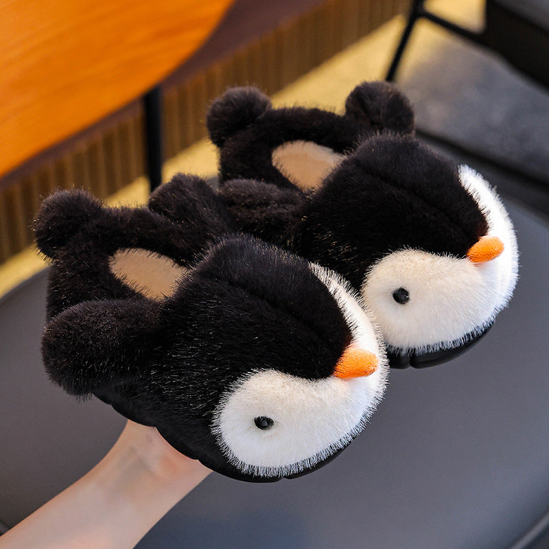 Warm Fleece-lined Fluffy Penguin Cotton Slippers For Boys And Girls