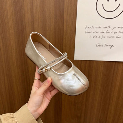 Women Gentle Minimalist Double Rhinestone Pearl Strap Flats,  Matching Casual Daily  Loafer Slippers