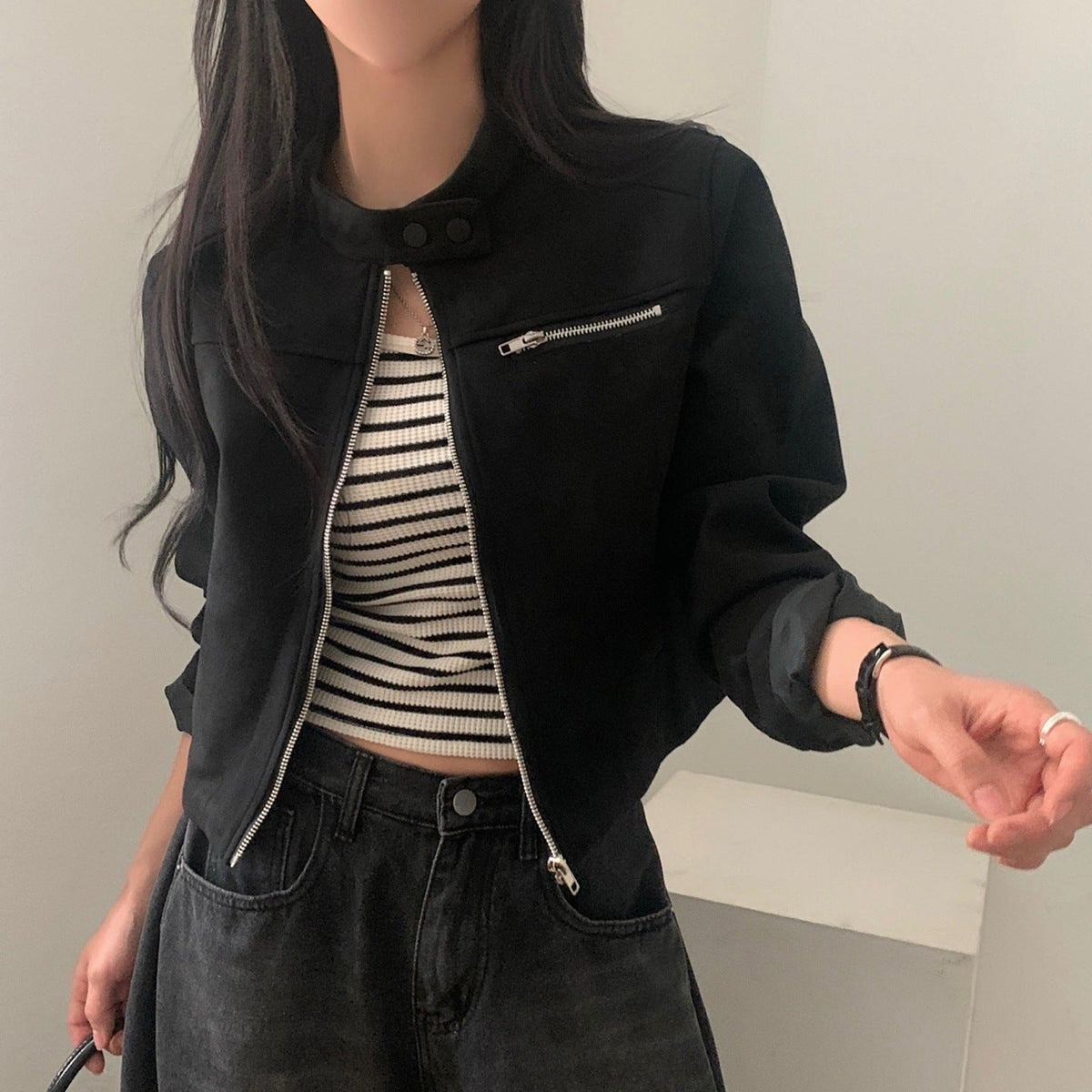 High Waist Short Jacket Suede Motorcycle Top