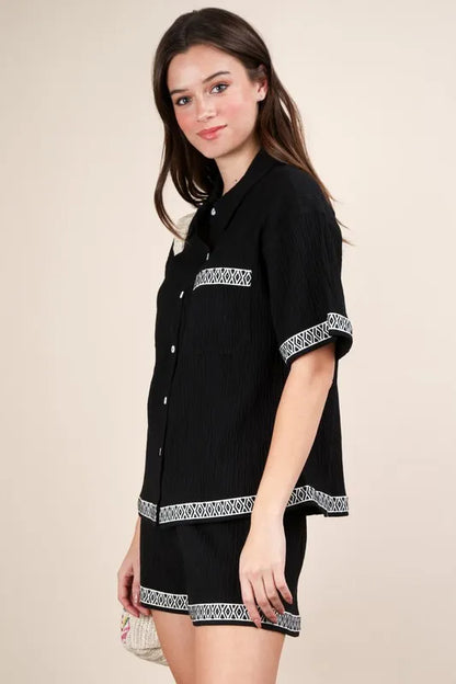 VERY J Crinkled Woven Shirt Top & Shorts Set