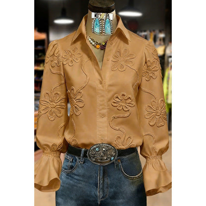 Women's Lace-trimmed Long-sleeve Collared Blouse