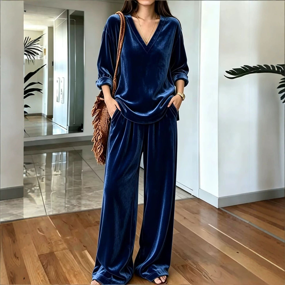 Women's Solid Color V-Neck Top And Wide-Leg Pants Set