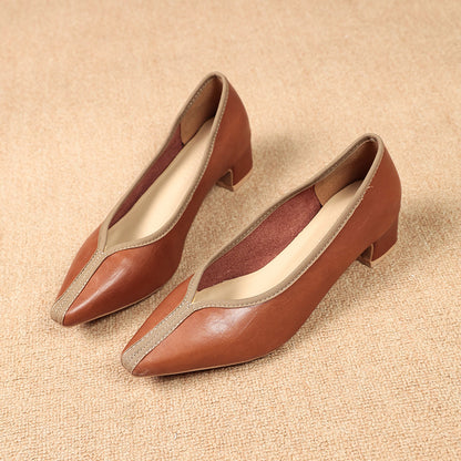 Vintage Style 2026 Spring Autumn Casual Retro Block Heel Pointed Toe Women Pumps Full Leather Low Cut Office Mid Heel Shoes