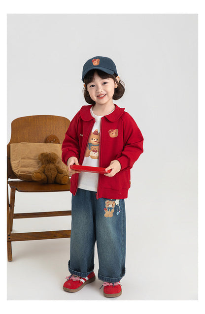 Cute Bear-Print Wide-Leg Stretch-Waist Casual Denim Pants For Kids