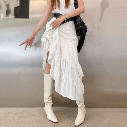 French Minimalist-style Square-toe Kitten-heel Over-the-knee Straight-leg Leather Booties