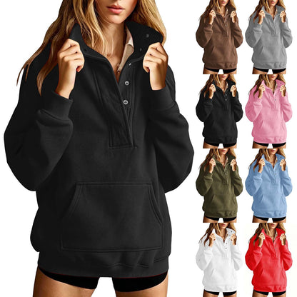 Women's Loose Solid Color Long Sleeved Sweatshirt With Pockets