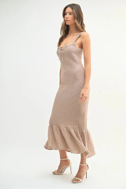 MABLE Ruffled Hem Sleeveless Crochet Knit Midi Dress