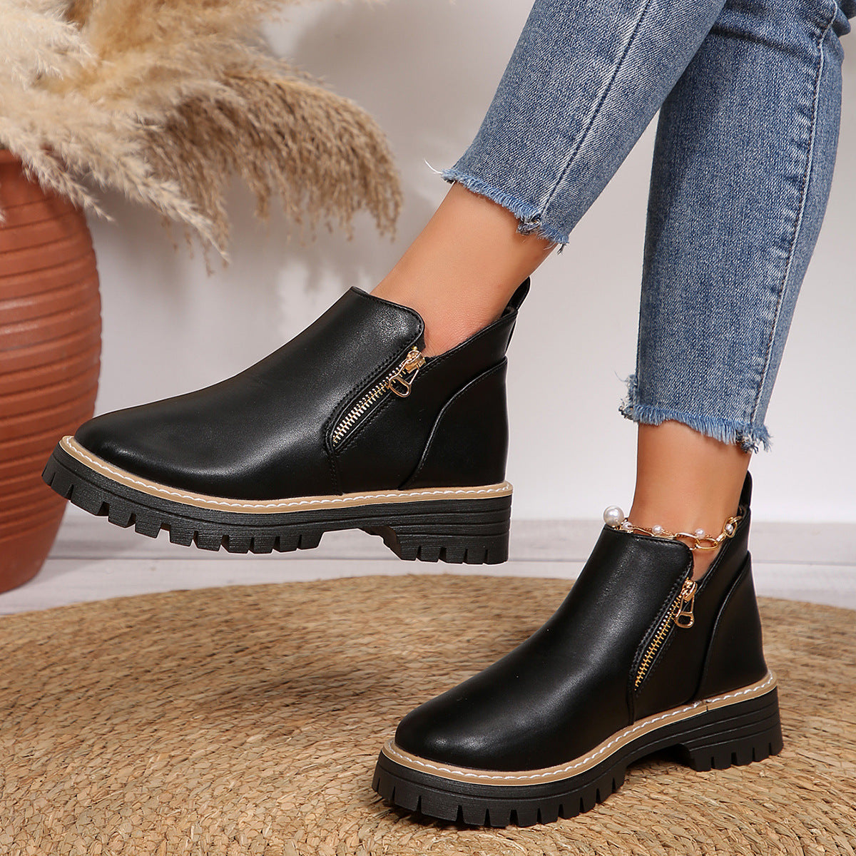Autumn And Winter Round Toe High Heel Boots Women's Shoes