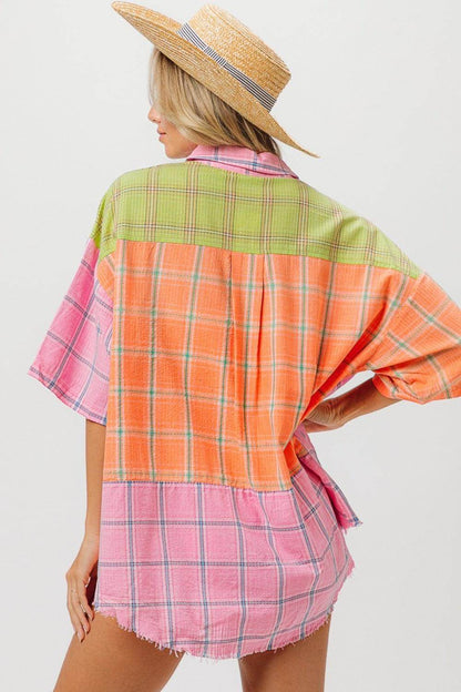 BiBi Plaid Collared Neck Half Sleeve Shirt for Women
