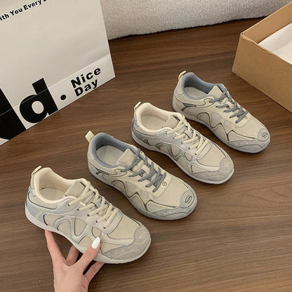 Women Curved Patchwork Mesh Retro Sneakers, Breathable Light Weight Lace Up Flat Sole Daily Walking Casual Trainers