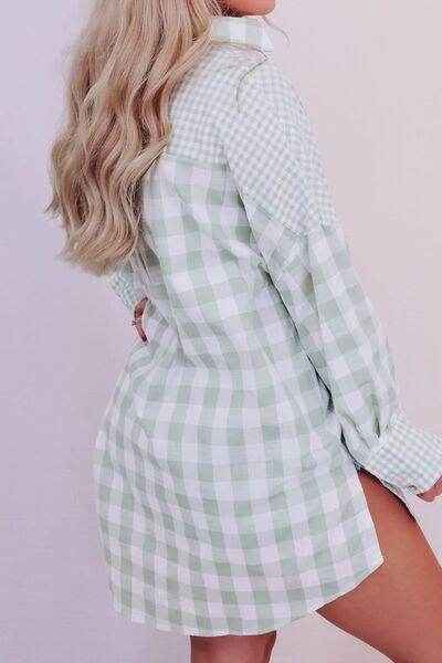 Pocketed Plaid Collared Neck Long Sleeve Shirt for Women