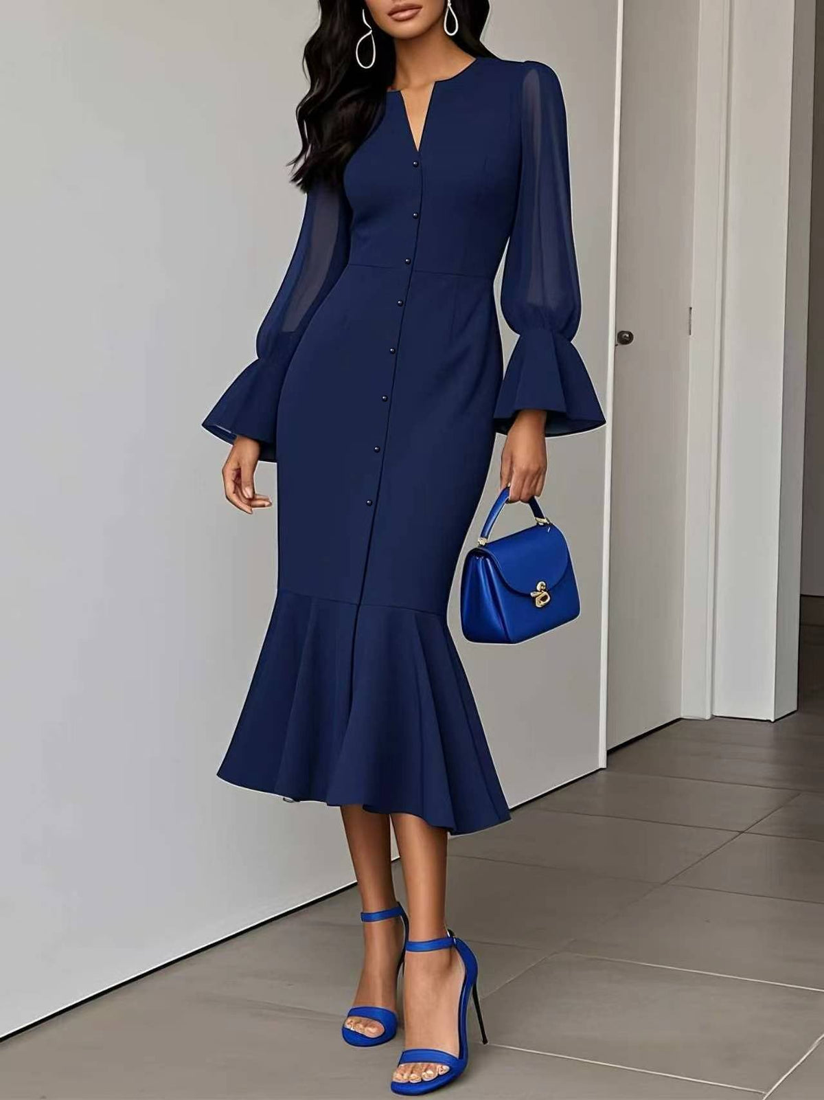 V-neck Chiffon Patchwork Puffed Long-sleeve Dress