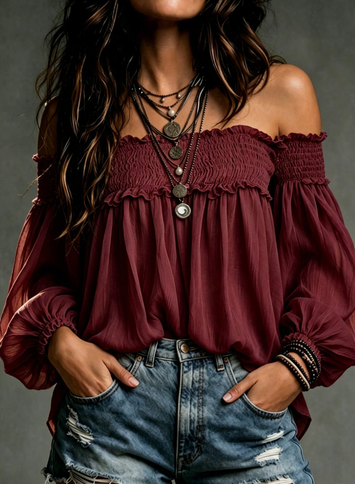 Womens Solid-color Off-shoulder Casual Smocking Top Shirt