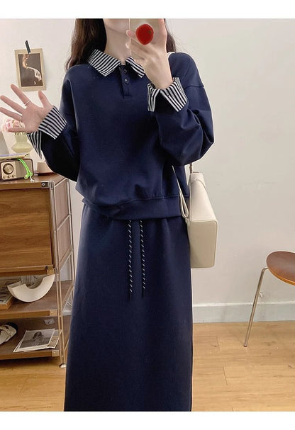 Large Size Gray False Two-piece Sweaters Skirt Two-piece Set For Women