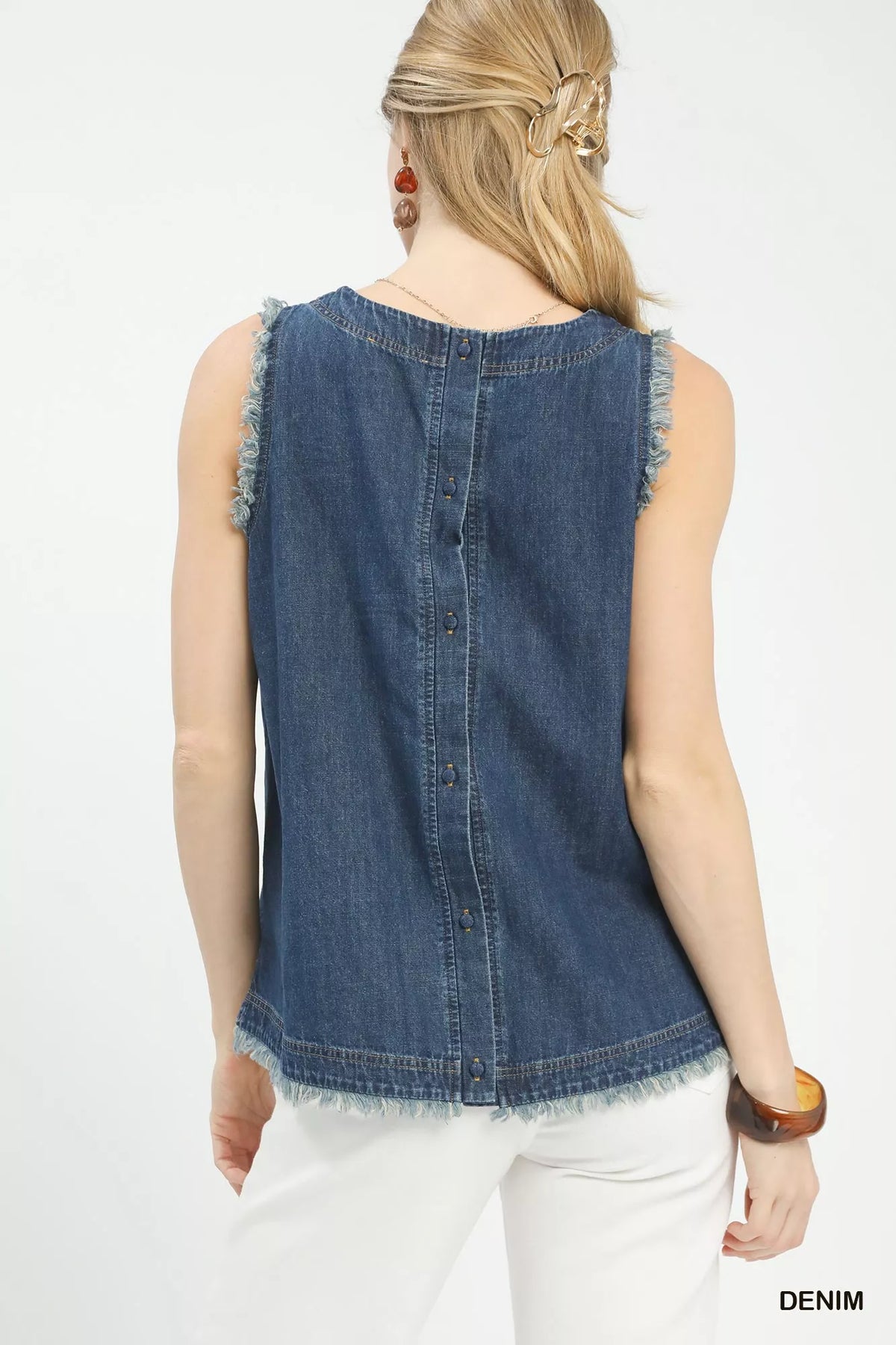 Umgee Sleeveless Fringe Hem Denim Top