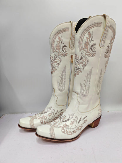 Womens Embroidered Rhinestone Chunky High-Heel Boots