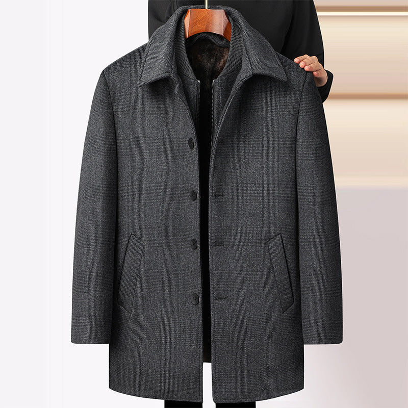 Men's Woolen Coat Mid-length Fleece Plaid Detachable Double Collar