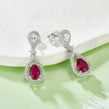 S925 Silver 3.9g Lab-Created Ruby Drop Earrings, 0.8ct 7x5mm Halo, Pair