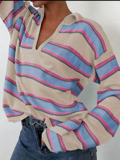 Johnny Collar Long Sleeve Stripe Sweater for Women