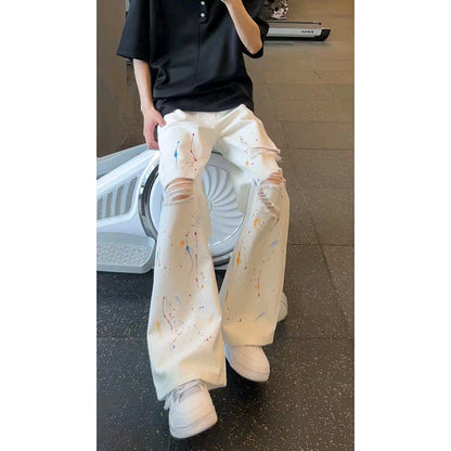 Straight-leg Loose-fit Ripped Jeans For Men
