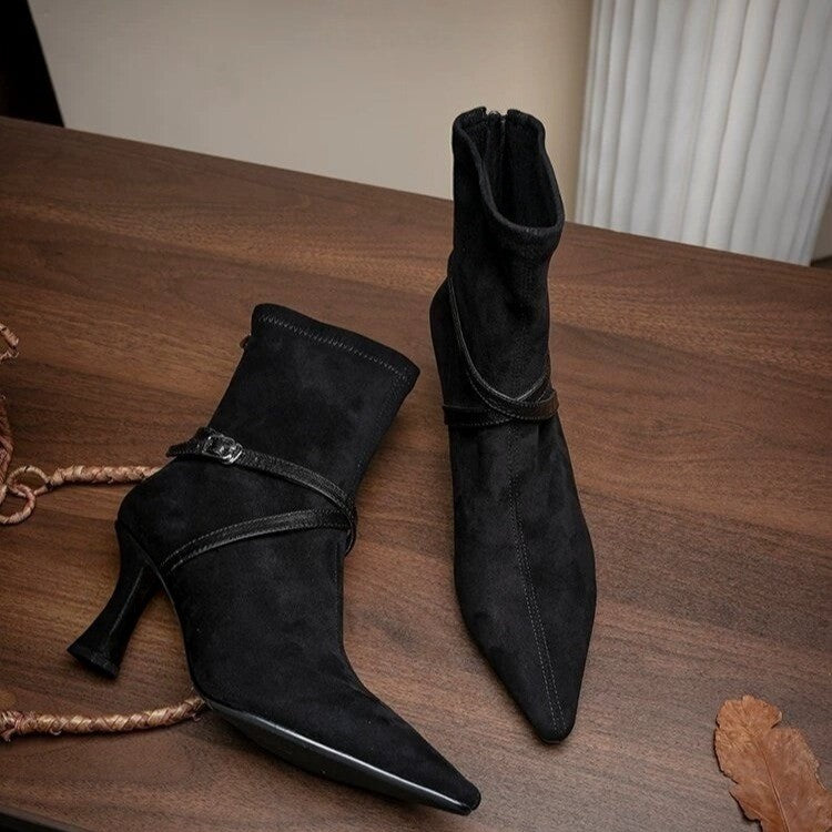 High Heel Back Zipper Slim Fit Boots For Women 2026 New Matte Leather Buckle Pointed Toe Elegant Ankle Boots Vintage Stiletto Ankle Boots