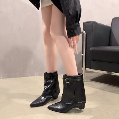 Women Elegant Pointed Toe Metal Buckle Strap Ankle Boots, Folded Shaft Soft Leather Low Heel Short Booties Retro