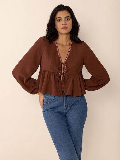 Peplum Tied V-Neck Long Sleeve Blouse for Women