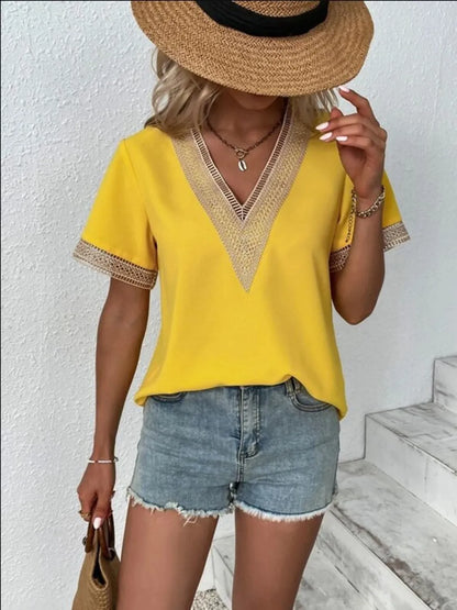 Full Size V-Neck Short Sleeve Blouse Plus Size