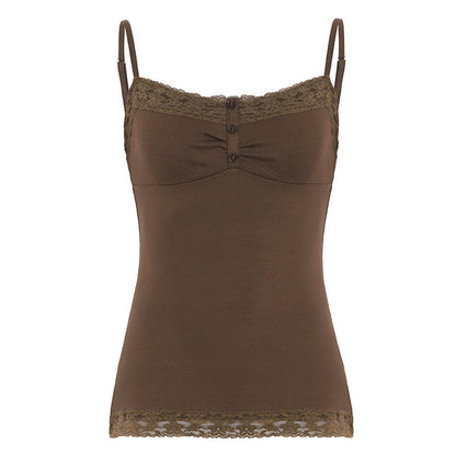 Lace-patchwork Buttoned Small V-neck Camisole