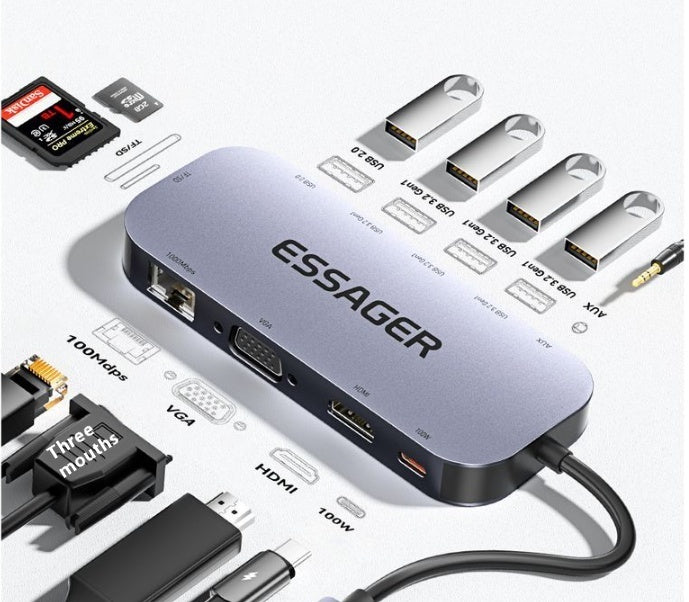 11-in-1 Expansion Dock Typ-c HUB Multi-function Gigabit Network Port Cable Seperater