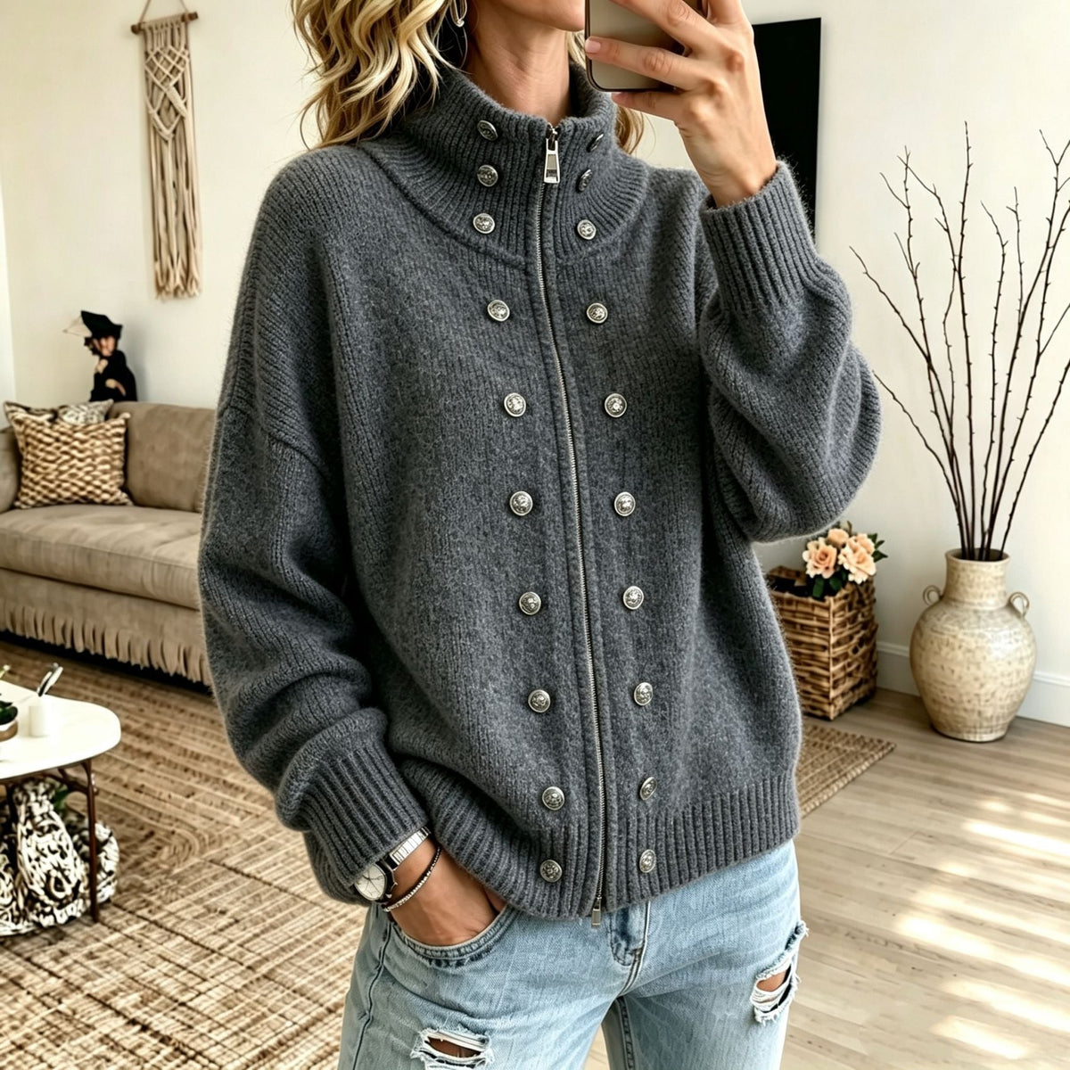 Women's Sweater Coat With Metal Buttons And Double Zippers