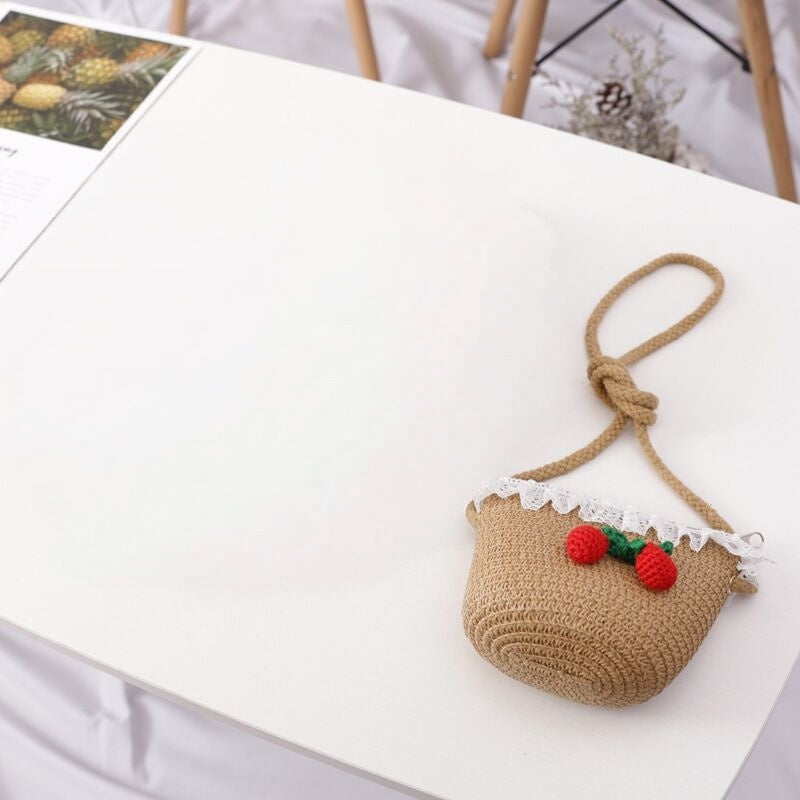 Girl Cherry Straw Hat Bag Set Princess Hat Beach Hat Sun Hat