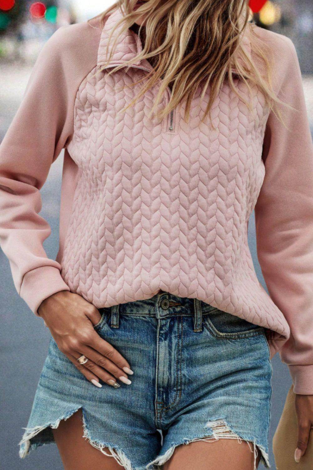 Textured Quarter Zip Long Sleeve Sweatshirt for Women