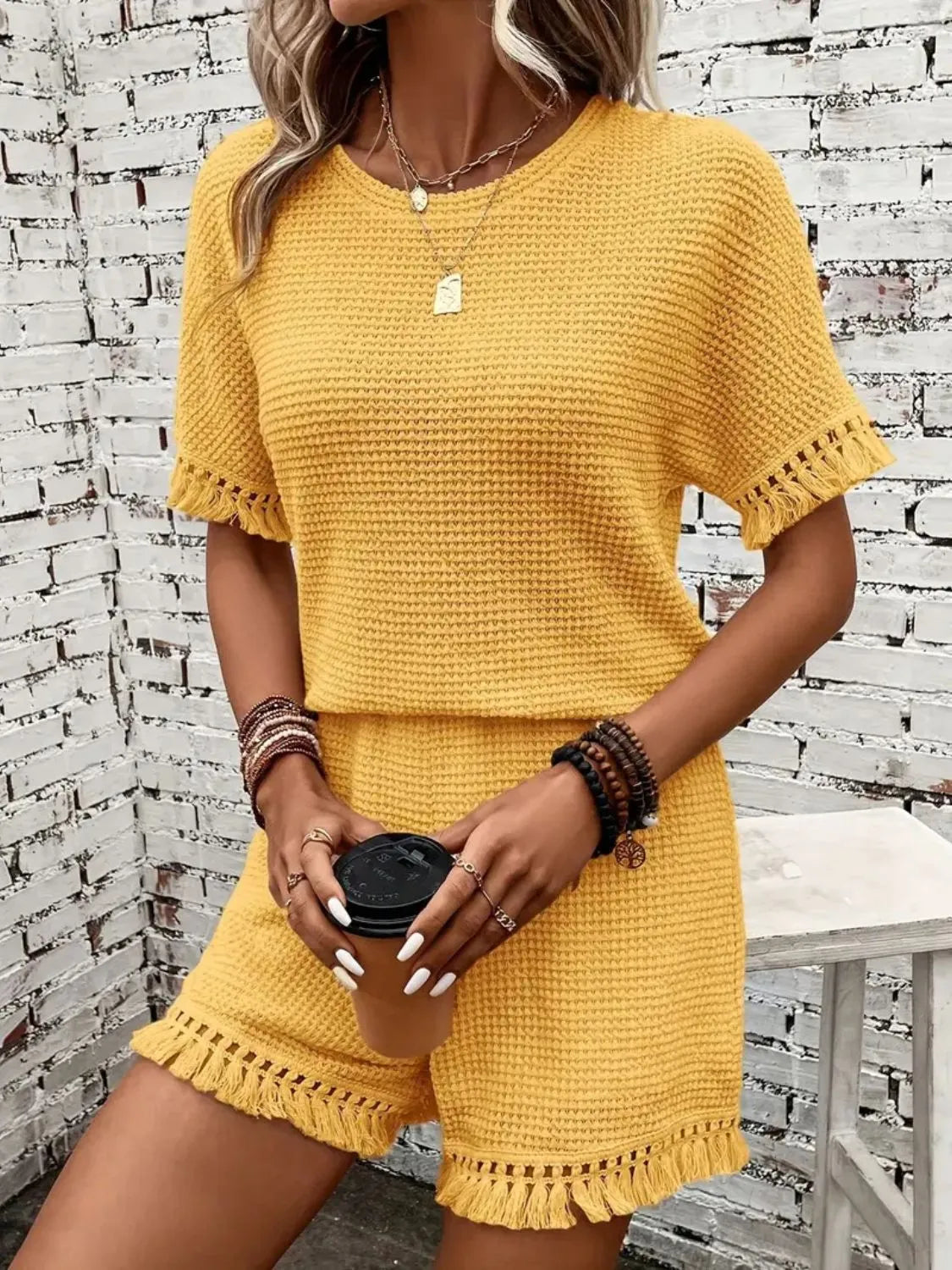 Tassel Round Neck Top and Shorts Set