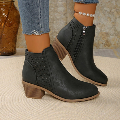 Hollow-out Pointed Toe Low-cut Square Heel Women's Boots