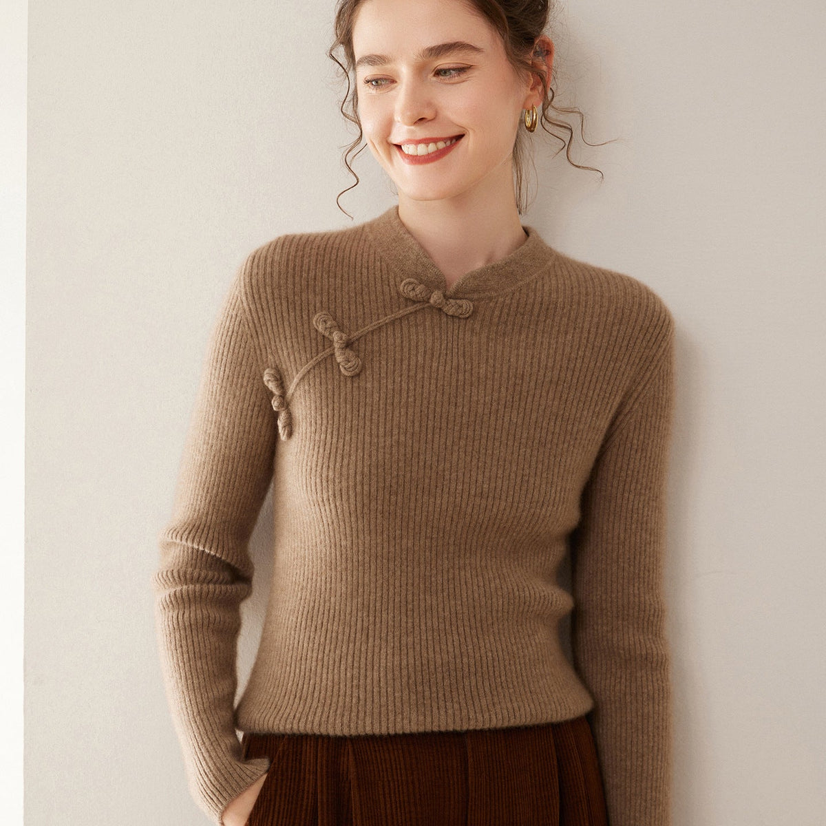 Chinese Cheongsam-Style Frog Button Goat Cashmere Sweater