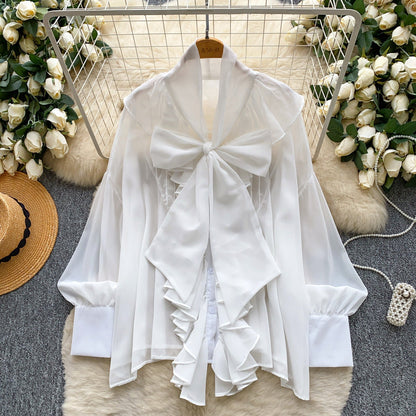 Womens Solid-Color Chiffon Blouse With Ruffled Hem And Long Sleeves