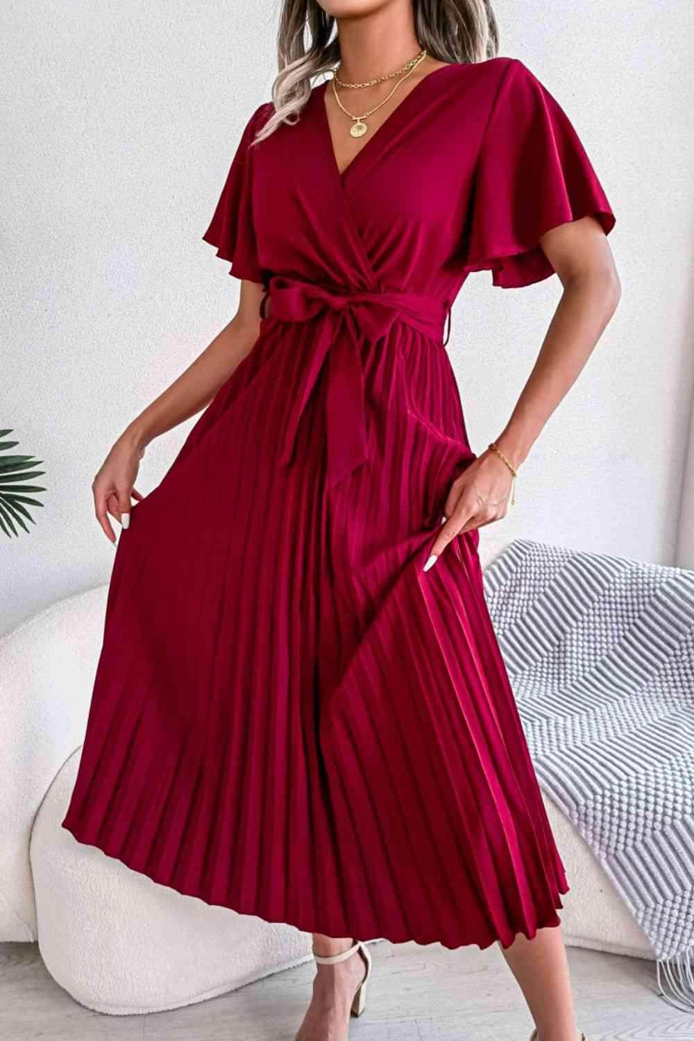 Pleated Flutter Sleeve Belted Dress for Casual Wear