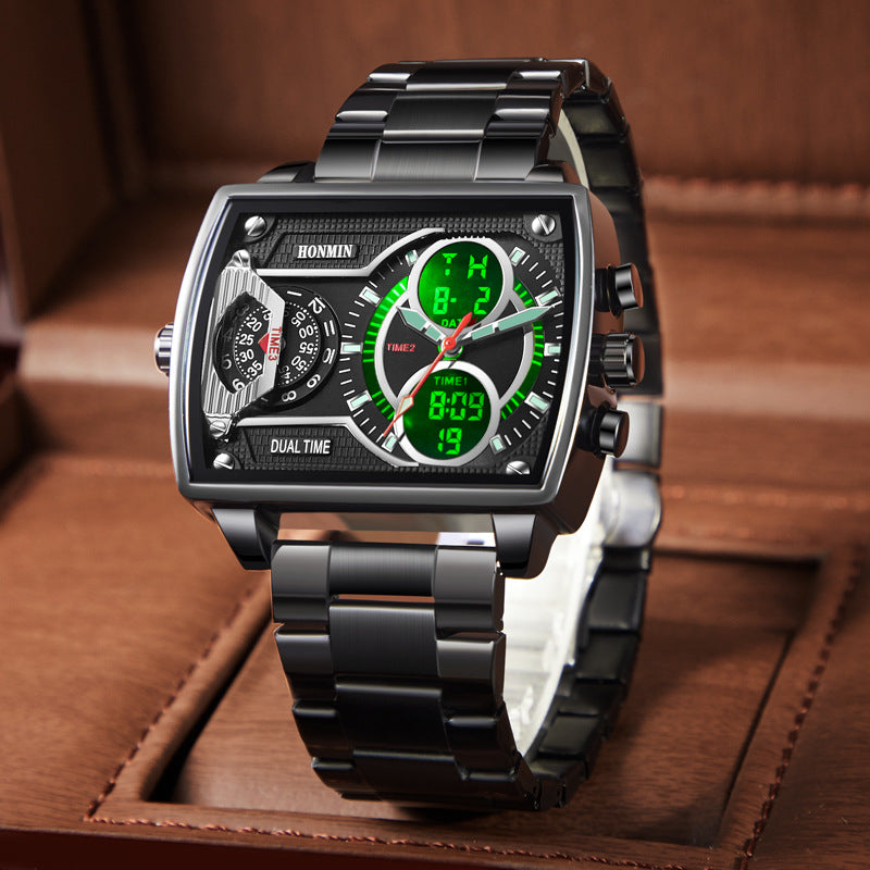 Three-Time-Zone Dual-Display Luminous Water-Resistant Sports Mens Watch