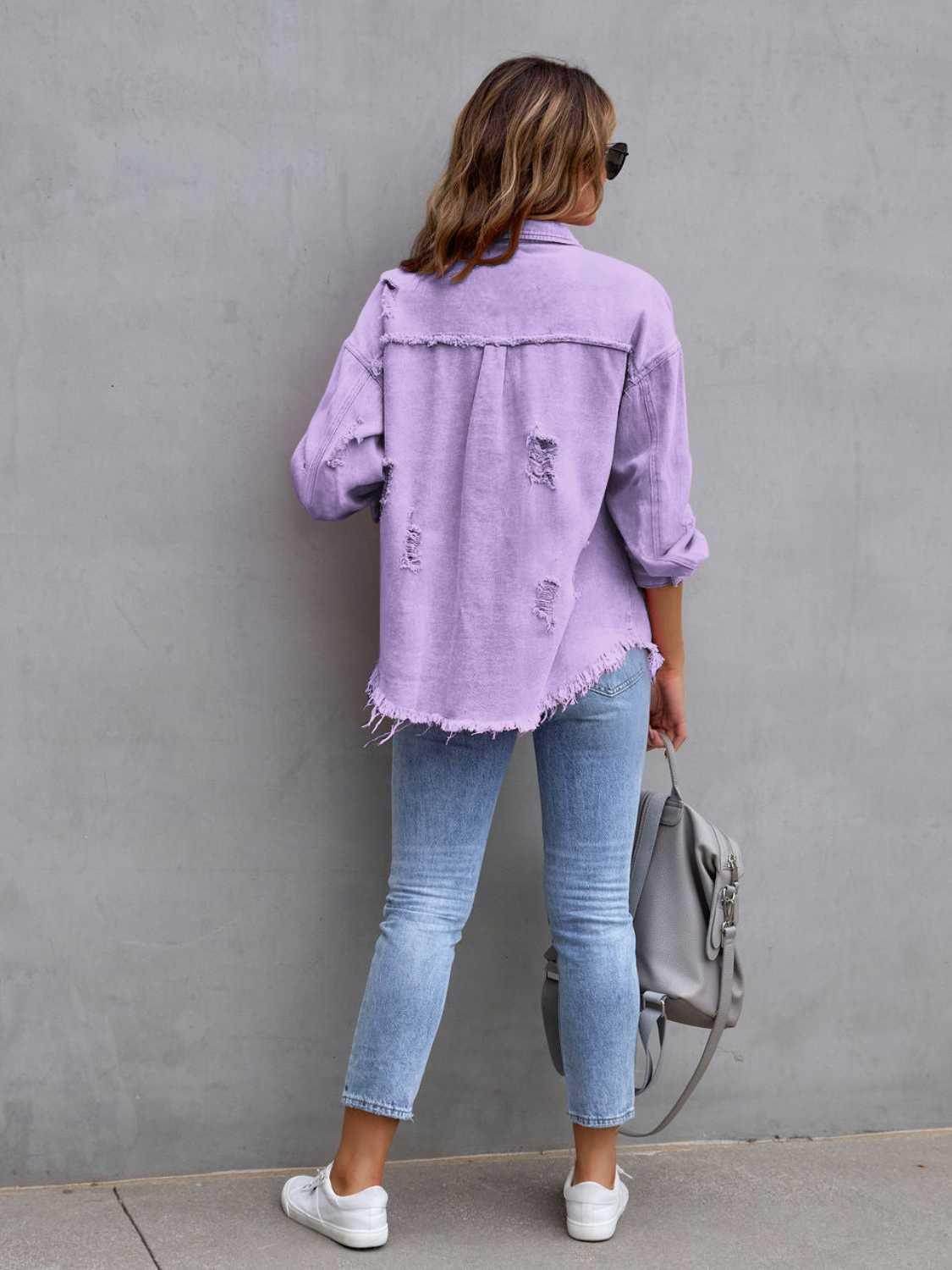 Distressed Drop Shoulder Denim Jacket for Casual Style