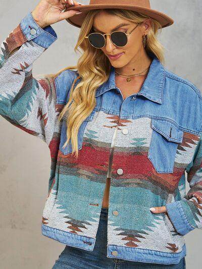 Geometric Button Up Dropped Shoulder Denim Jacket for Women