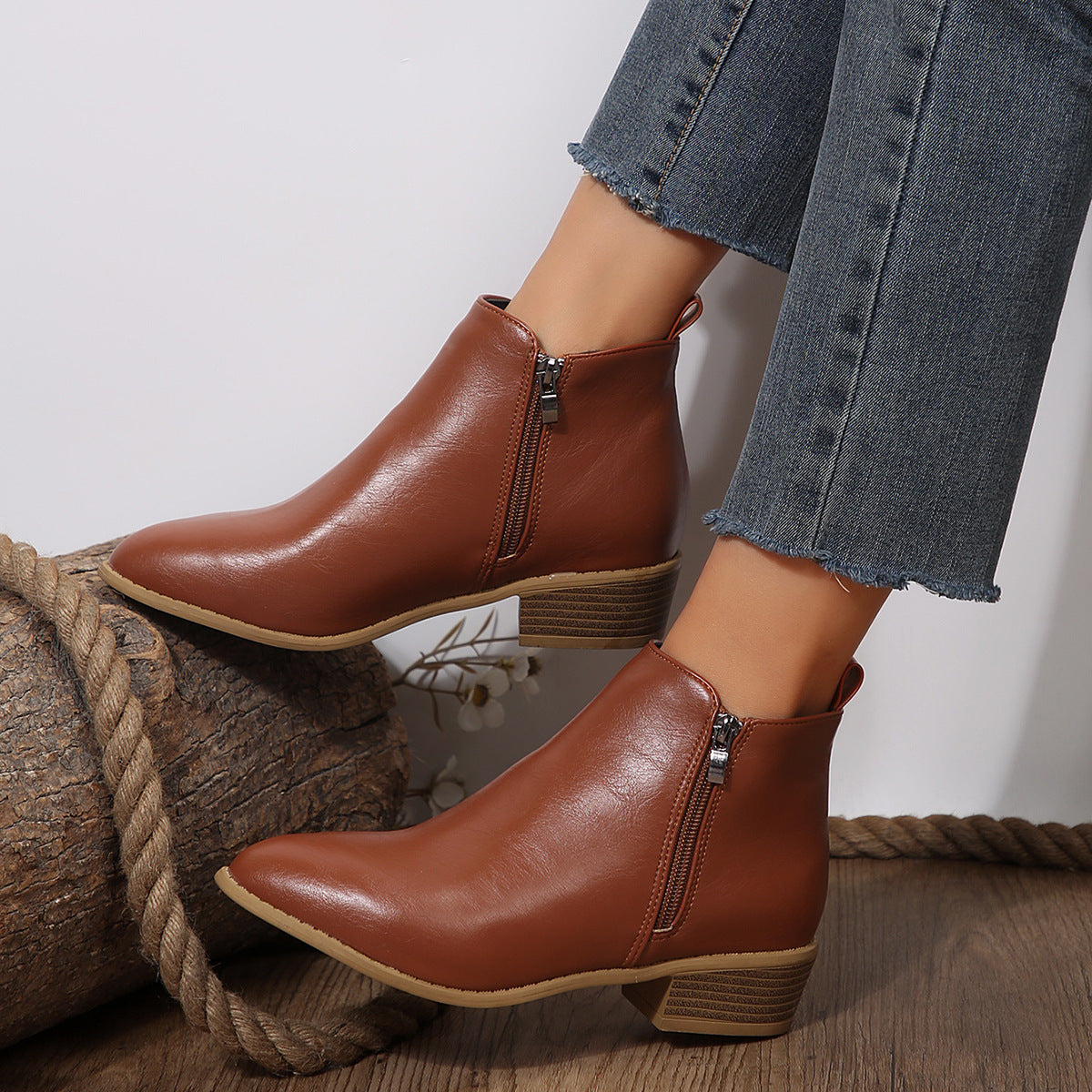 Womens Side-zip Martin-style Short Chunky-heel Boots