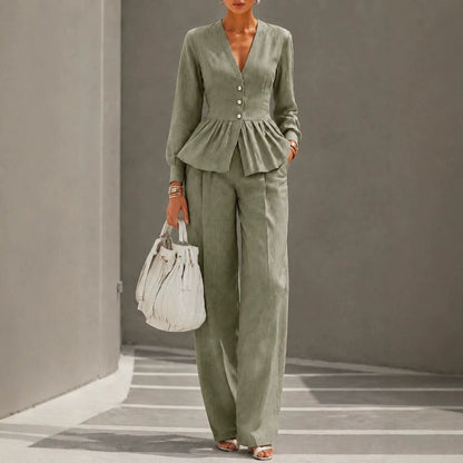 Long-sleeve V-neck Top And Wide-leg Pants Two-piece Set